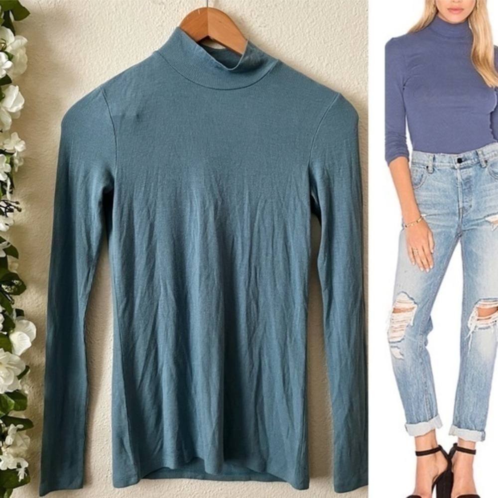 ATM Long Sleeve Micro Ribbed Modal Mock Neck Top in Blue